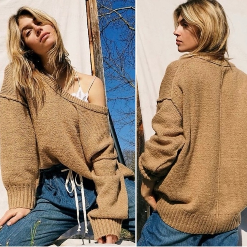 Free People Brookside Slouchy Tunic Sweater in Camel Tan Size Medium